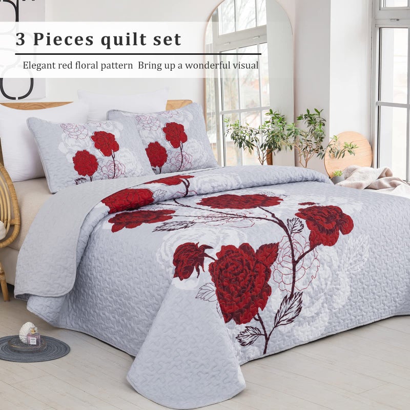 Anibedding Floral Quilt Set Queen Size,Elegant Red Floral Printed Bedspread Coverlet 3 Pieces Soft Microfiber Bedding Set with 2 Pillowcases for All Season(96"Ã—90") - Image 2