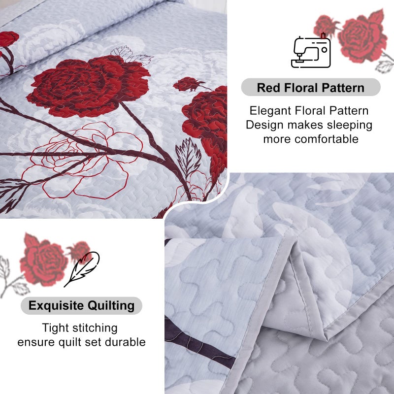 Anibedding Floral Quilt Set Queen Size,Elegant Red Floral Printed Bedspread Coverlet 3 Pieces Soft Microfiber Bedding Set with 2 Pillowcases for All Season(96"Ã—90") - Image 5