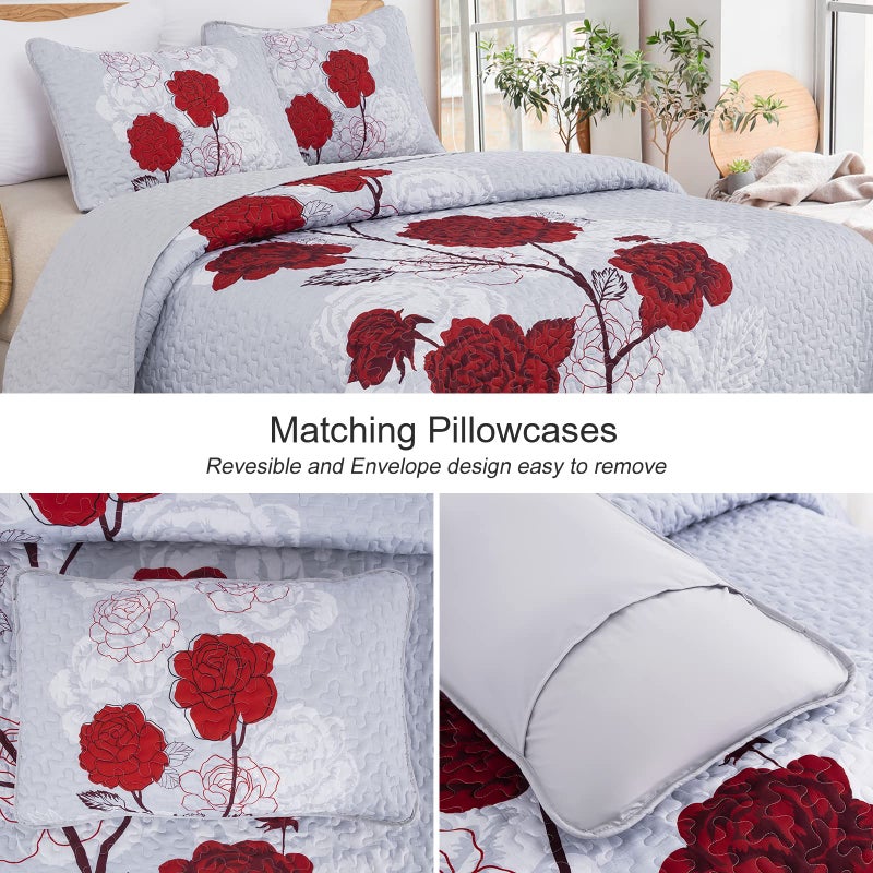 Anibedding Floral Quilt Set Queen Size,Elegant Red Floral Printed Bedspread Coverlet 3 Pieces Soft Microfiber Bedding Set with 2 Pillowcases for All Season(96"Ã—90") - Image 4