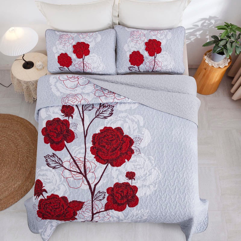 Anibedding Floral Quilt Set Queen Size,Elegant Red Floral Printed Bedspread Coverlet 3 Pieces Soft Microfiber Bedding Set with 2 Pillowcases for All Season(96"Ã—90") - Image 3