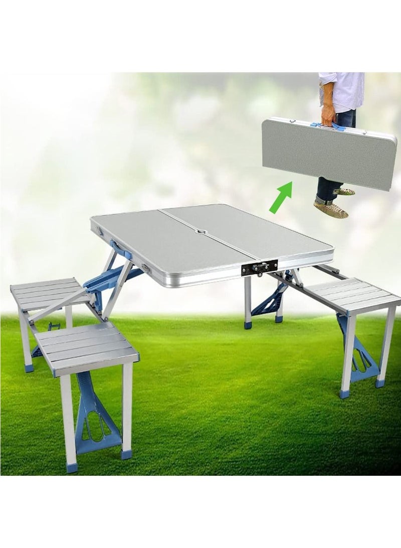 DubaiGallery Folding Camping Picnic Table with 4 Seats with Garden Umbrella Hole Portable Table Aluminum Alloy Frame with Soft Handle Suitable for Barbecue Travel Outing - Image 2