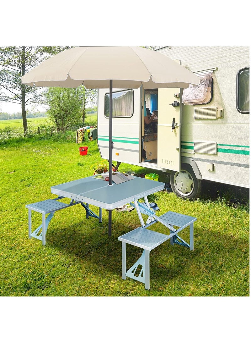 DubaiGallery Folding Camping Picnic Table with 4 Seats with Garden Umbrella Hole Portable Table Aluminum Alloy Frame with Soft Handle Suitable for Barbecue Travel Outing - Image 1