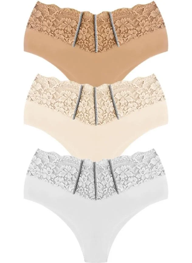 كوتن هيل Lace and Stone Detailed Laser Cut Plus Size Women's Bikini Panties 3-Pack-2