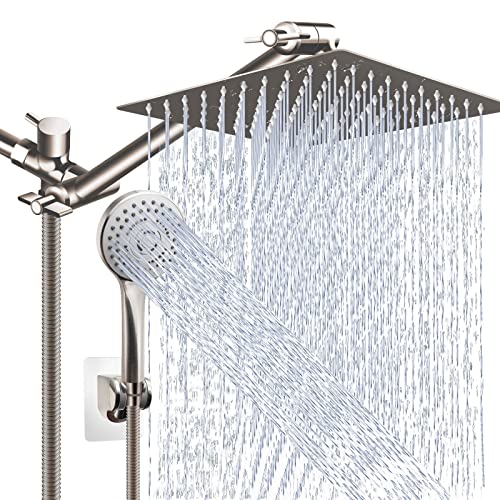 PinWin Shower Head Combo(Brushed Nickel),10'' High Pressure Rain Shower Head with 11'' Adjustable Extension Arm and 5 Settings Handheld,Powerful Shower Spray Against Low Pressure Water - Image 1