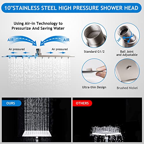 PinWin Shower Head Combo(Brushed Nickel),10'' High Pressure Rain Shower Head with 11'' Adjustable Extension Arm and 5 Settings Handheld,Powerful Shower Spray Against Low Pressure Water - Image 4