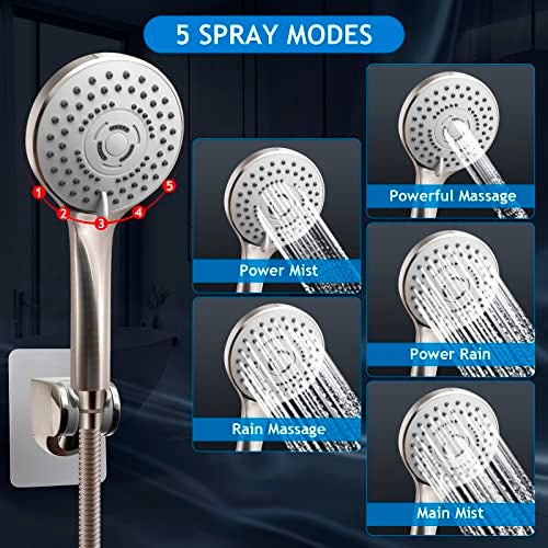 PinWin Shower Head Combo(Brushed Nickel),10'' High Pressure Rain Shower Head with 11'' Adjustable Extension Arm and 5 Settings Handheld,Powerful Shower Spray Against Low Pressure Water - Image 3