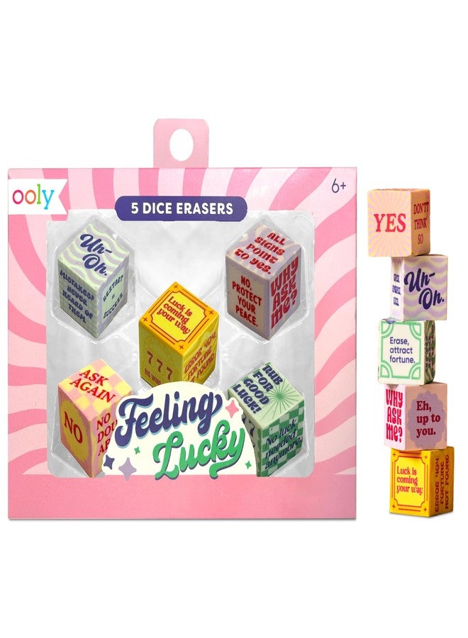 Ooly Feeling Lucky Erasers, Set of 5 Fun Dice-Shaped Erasers with Fun Messages, 1 Inch Each, Unique School Supplies for Kids, Classroom, and Desk Organization - Image 1