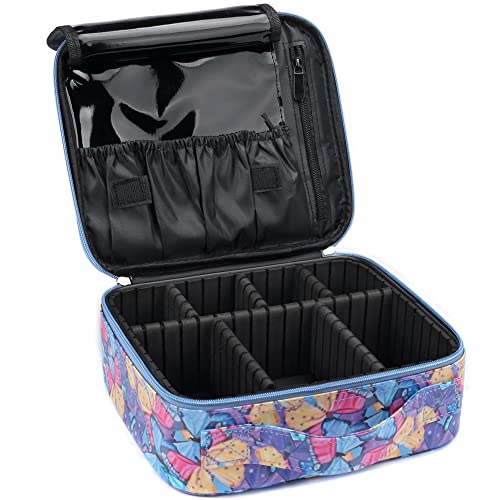 INOVERA (LABEL) Faux Leather Makeup Organizer Bag for Women, Girls & Bride - Travel Cosmetic Kit Storage Organiser - Toiletry Vanity Box with Adjustable Compartment, 26l x 23b x 9h cm Butterfly Print - Image 1