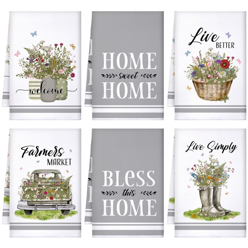 Boyiee Set of 6 Floral Kitchen Towels Wildflower Dish Towels Butterfly Truck Tea Towels 24 x 16 Inches Absorbent Hand Towels Flower Lover Housewarming Gifts for Farmhouse Kitchen Bathroom Decorations