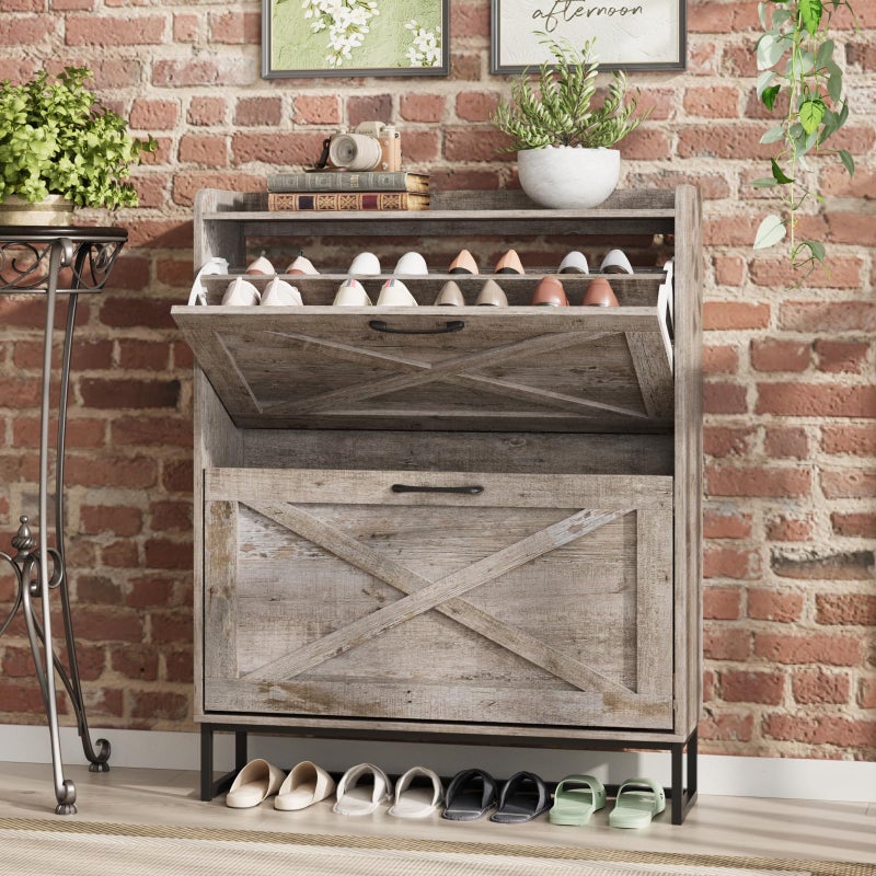 Maupvit Shoe Storage Cabinet with 2 Flip Drawers Freestanding Organizer with Metal Legs for Entryway Narrow Shoe Rack Cabinet Light Rustic Oak