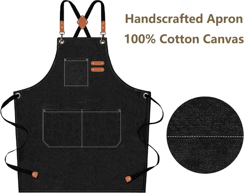 AFUN Chef Aprons for Men Women with Large Pockets, Cotton Canvas Cross Back Heavy Duty Adjustable Work Apron, Size M to XXL (Black) - Image 5