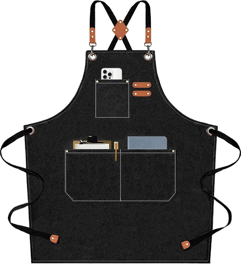 AFUN Chef Aprons for Men Women with Large Pockets, Cotton Canvas Cross Back Heavy Duty Adjustable Work Apron, Size M to XXL (Black) - Image 1