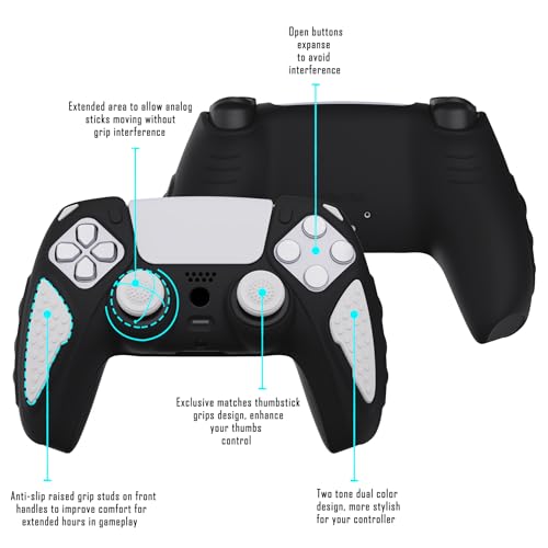 PlayVital Knight Edition Black & White Two Tone Anti-Slip Silicone Cover Skin for ps5 Controller, Soft Rubber Case for ps5 Wireless Controller with Thumb Grip Caps - Image 3