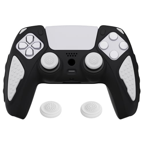 PlayVital Knight Edition Black & White Two Tone Anti-Slip Silicone Cover Skin for ps5 Controller, Soft Rubber Case for ps5 Wireless Controller with Thumb Grip Caps - Image 4