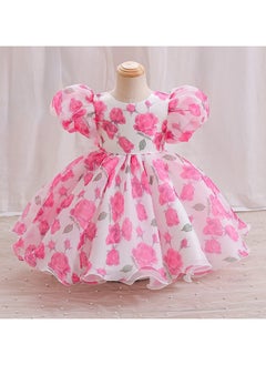 Generic Baby Girl Dress - Puff Sleeve Tulle Party Dress with Elegant Bow Detail & Round Neck, Newborn Baby Dress, Baby Gift Set, Girl Dress, Frock for Girls - Pink Red, 90cm (12-18M)  - Image 1