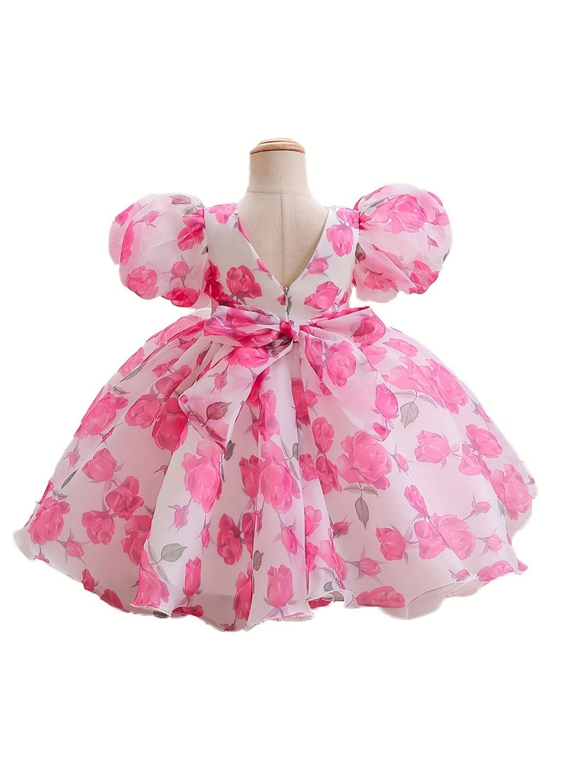 Baby Girl Dress - Puff Sleeve Tulle Party Dress with Elegant Bow Detail & Round Neck, Newborn Baby Dress, Baby Gift Set, Girl Dress, Frock for Girls - Pink Red, 90cm (12-18M) - Image 2