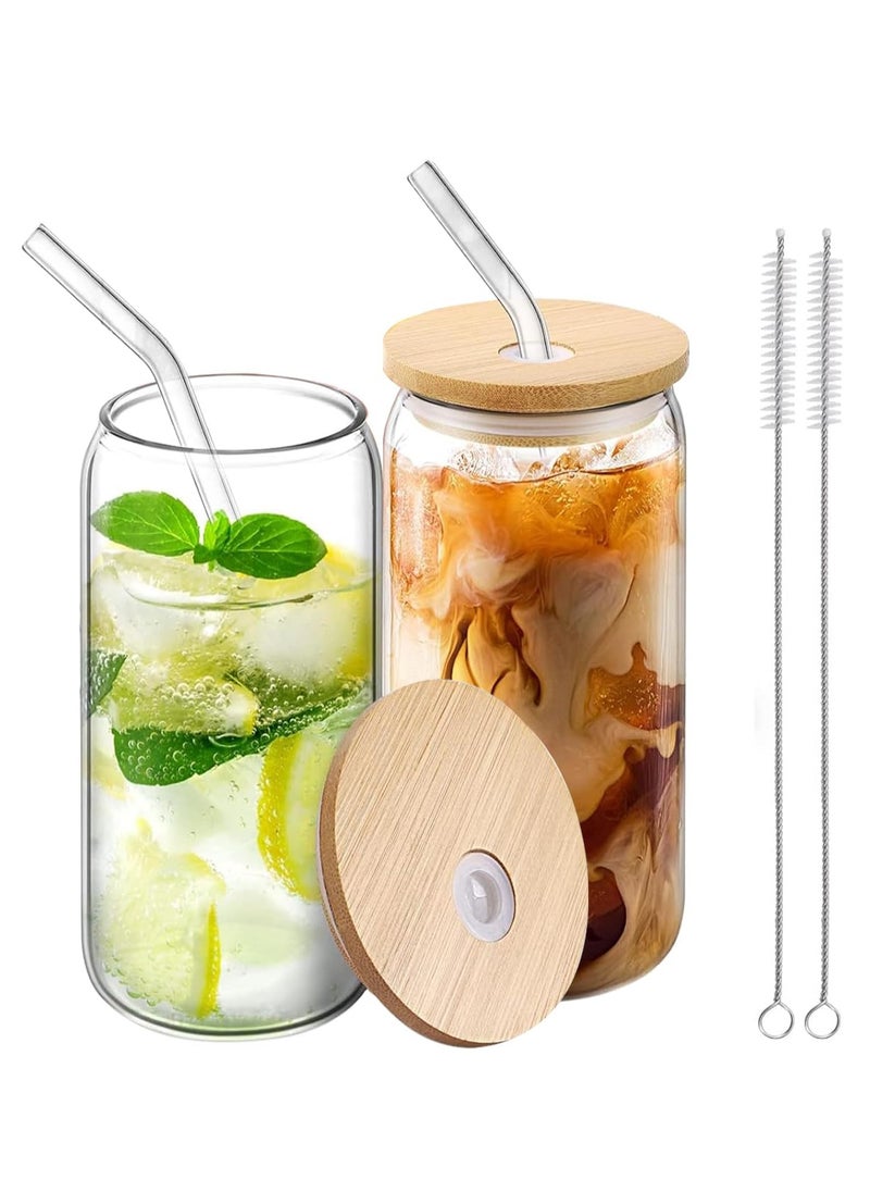 TYCOM Drinking Glasses with Bamboo Lids and Glass Straw, 500ml Beer Can Shaped Glass Cups, Tumbler Cup Ideal For Beer, Tea, Soda, Iced Coffee (2pc, 500ml)  - Image 1