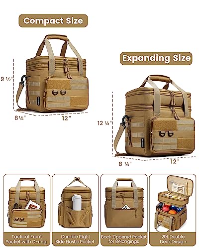 RalChyez Tactical Lunch Bag, 20L Large Heavy Duty Double Deck Insulated Lunch Box Leakproof Expandable Tote Cooler with Shoulder Strap for Adult Men Women Work Fishing Picnic Travel Tan - Image 4