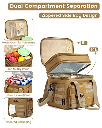 RalChyez Tactical Lunch Bag, 20L Large Heavy Duty Double Deck Insulated Lunch Box Leakproof Expandable Tote Cooler with Shoulder Strap for Adult Men Women Work Fishing Picnic Travel Tan - Image 5