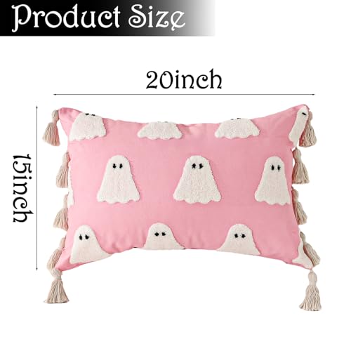 Bunny Chorus Halloween Decor Throw Pillows Cute Pink White Ghost Halloween Pillow Plush Ghosts Pink Soft Cushion Decorations with Boho Tassels for Kids Home Sofa Bed Office Couch Living Room - Image 3