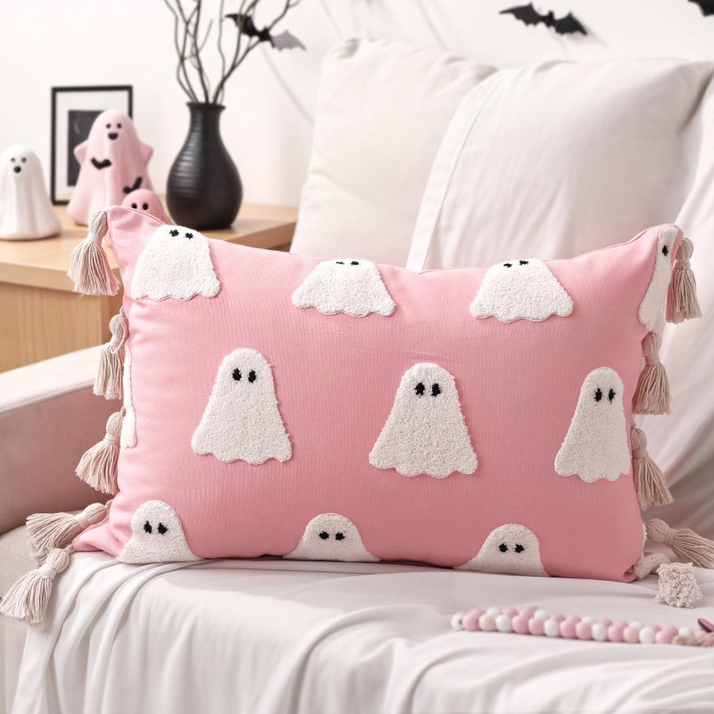 Bunny Chorus Halloween Decor Throw Pillows Cute Pink White Ghost Halloween Pillow Plush Ghosts Pink Soft Cushion Decorations with Boho Tassels for Kids Home Sofa Bed Office Couch Living Room - Image 2