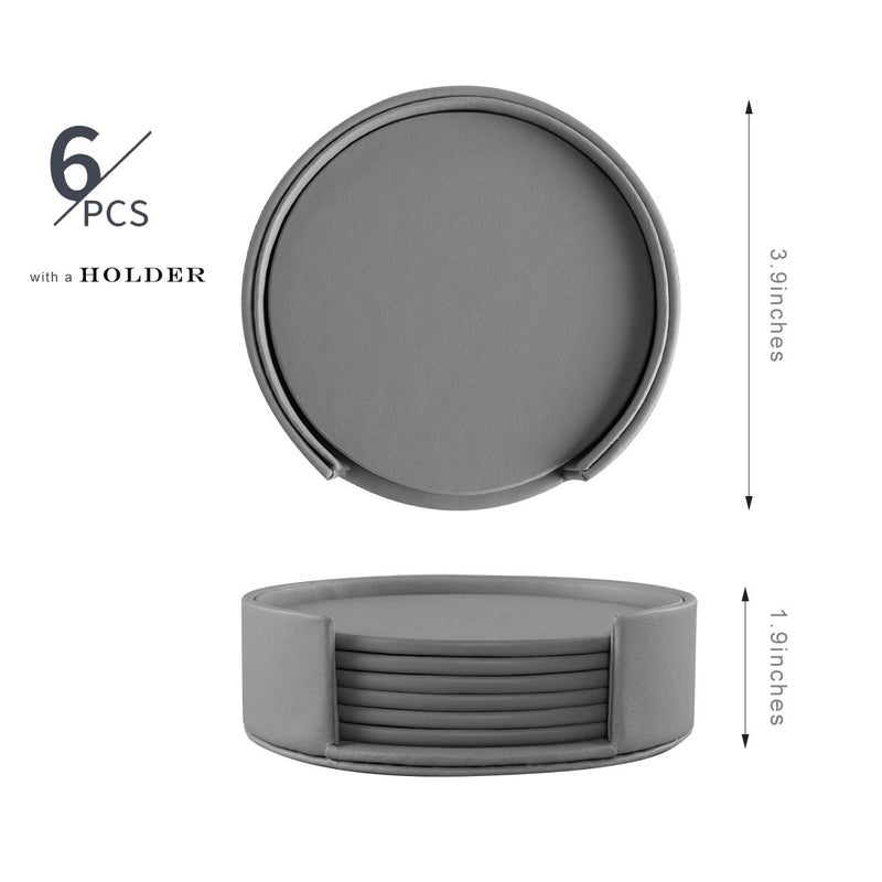 Hoopoton 6 Pieces Grey Coasters, Coasters for Drinks with a Holder Cup Mat Pad Protect Furniture from Coffee or Tea Marks(Grey, Round) - Image 2