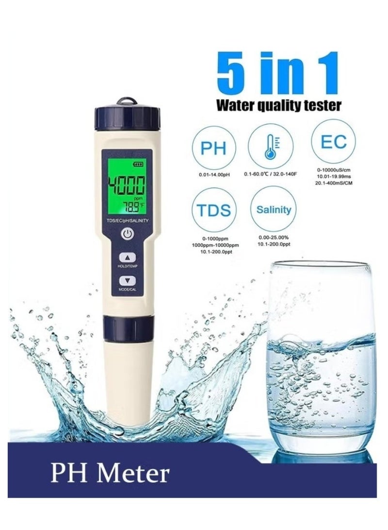 مقياس PH 5 في 1، مقياس اختبار متعدد المعلمات احترافي، مقياس PH/TDS/EC/الملوحة/درجة الحرارة للمياه، أدوات اختبار مياه عالية الدقة للمياه الصالحة للشرب، حمامات السباحة، أحواض السمك، والزراعة المائية - Image 1
