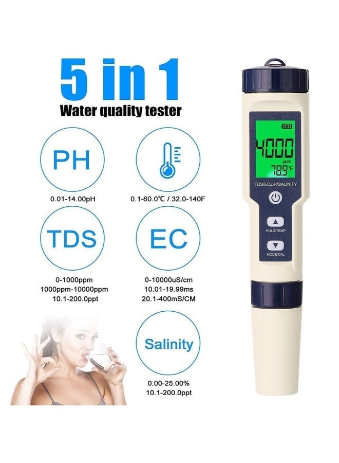 مقياس PH 5 في 1، مقياس اختبار متعدد المعلمات احترافي، مقياس PH/TDS/EC/الملوحة/درجة الحرارة للمياه، أدوات اختبار مياه عالية الدقة للمياه الصالحة للشرب، حمامات السباحة، أحواض السمك، والزراعة المائية - Image 2