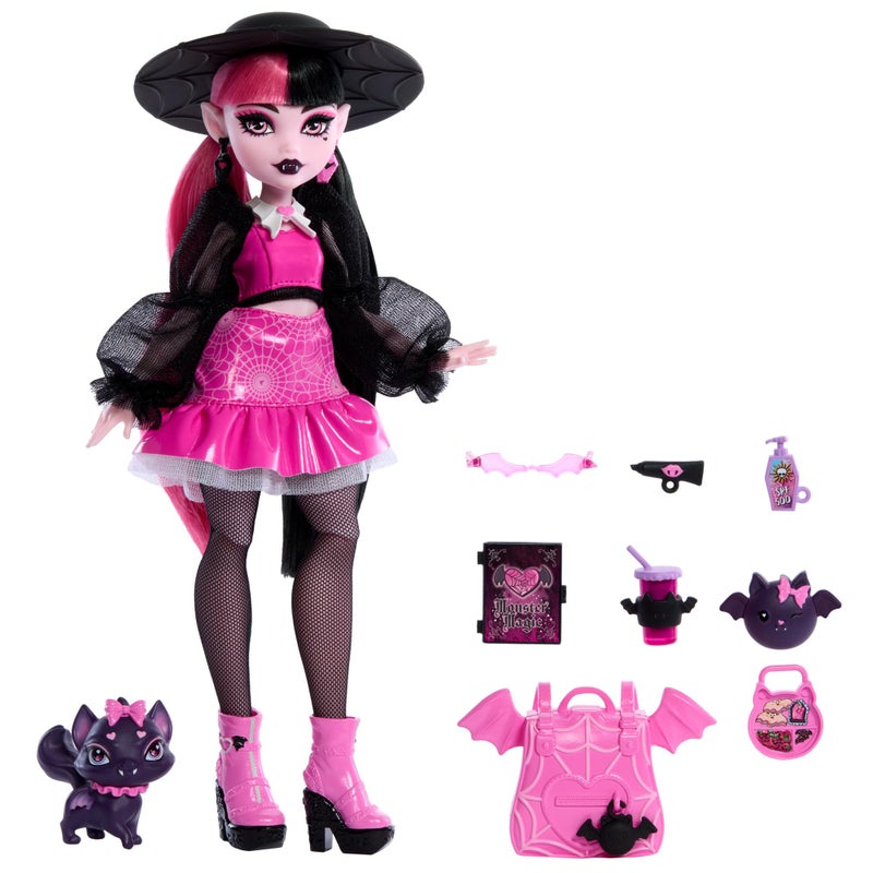 MONSTER HIGH دمية دراكولاورا من مونستر هاي مع حيوانها الأليف بات-كات كونت فابولوس وإكسسوارات مثل حقيبة الظهر، كتاب السحر، صندوق بنتو والمزيد - Image 5