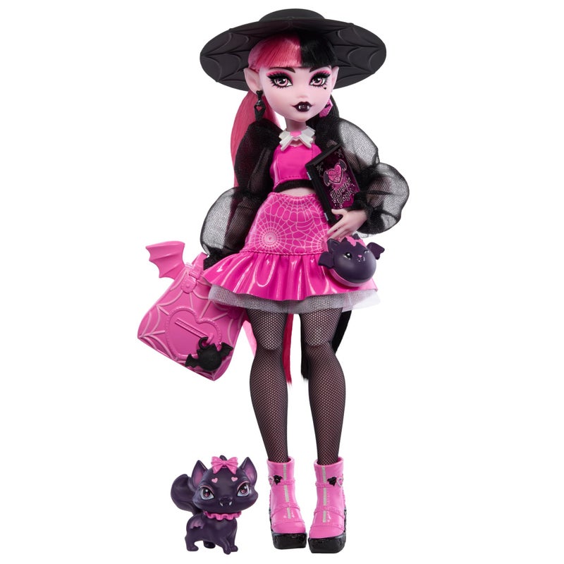 MONSTER HIGH دمية دراكولاورا من مونستر هاي مع حيوانها الأليف بات-كات كونت فابولوس وإكسسوارات مثل حقيبة الظهر، كتاب السحر، صندوق بنتو والمزيد - Image 1