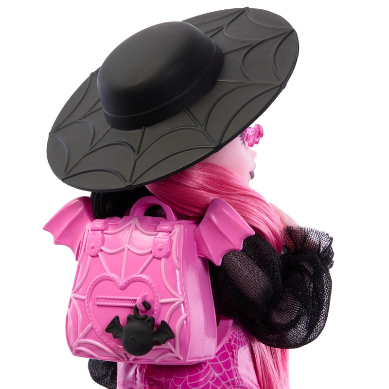 MONSTER HIGH دمية دراكولاورا من مونستر هاي مع حيوانها الأليف بات-كات كونت فابولوس وإكسسوارات مثل حقيبة الظهر، كتاب السحر، صندوق بنتو والمزيد - Image 4