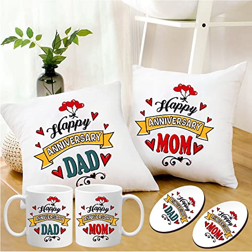 PICRAZEE "Happy Anniversary Mom Dad for Parents | Mother Father (2 pc12”x12” Satin Cushion with Filler, 2pc Coffee Mug & 2pc Fridge Magnet) - Image 1