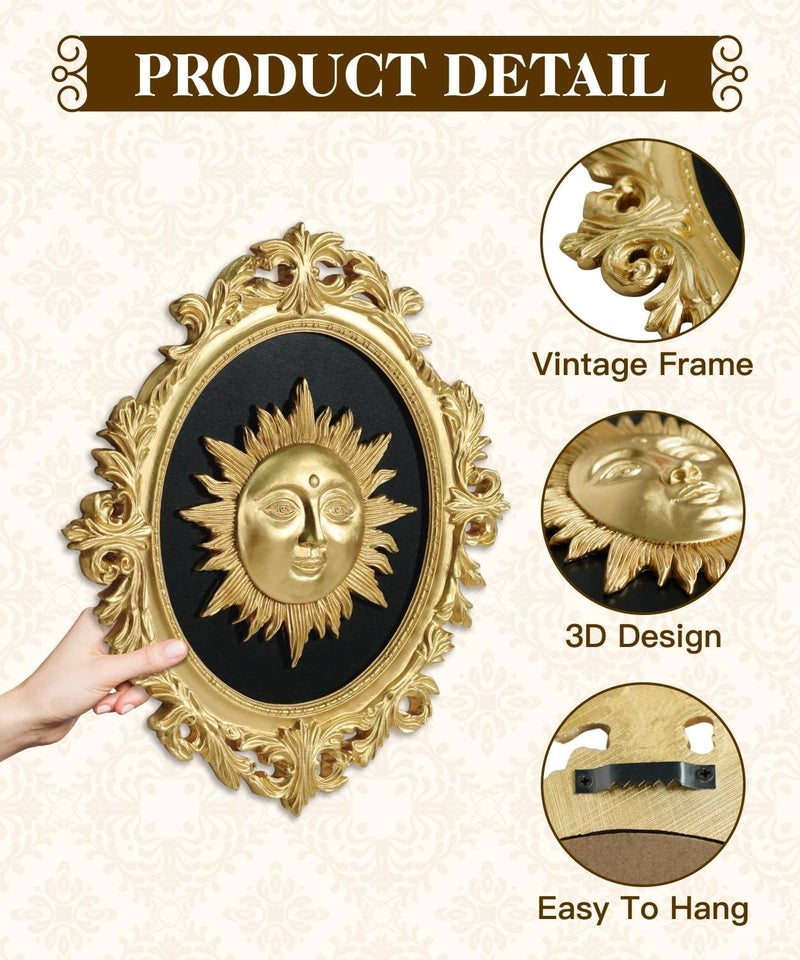 Putuo Decor Baroque Sun Moon Wall Decor Set, 2-Piece 3D Ovals Gold Resin Relief on Black Backing, Vintage Celestial Accent Wall Hanging Art for Living Room Bedroom Entryway Gallery - Image 3