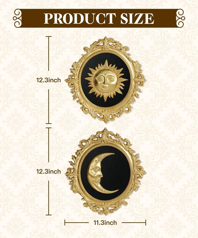 Putuo Decor Baroque Sun Moon Wall Decor Set, 2-Piece 3D Ovals Gold Resin Relief on Black Backing, Vintage Celestial Accent Wall Hanging Art for Living Room Bedroom Entryway Gallery - Image 2