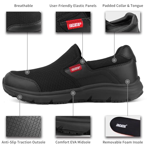 Jacata Non Slip Black Work Shoes for Men Food Service Mens Water Slip Resistant Leather Slip on Chef Walking Shoes for Restaurant Kitchen Sneakers(Size 9) - Image 2