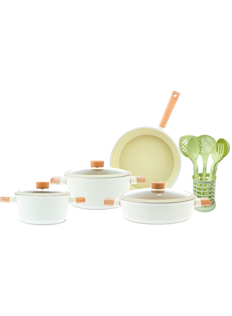Home Maker طقم أواني الطهي السيراميكية السويسرية كريستال 13 قطعة مع أدوات المطبخ - أواني ومقالي سيراميكية غير لاصقة مع أغطية زجاجية - تصميم أنيق باللون الأبيض مع مقابض خشبية - Image 1