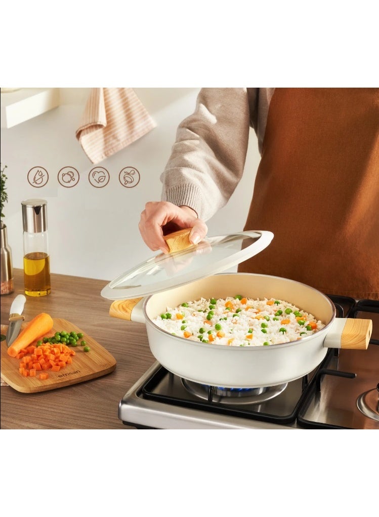 Home Maker طقم أواني الطهي السيراميكية السويسرية كريستال 13 قطعة مع أدوات المطبخ - أواني ومقالي سيراميكية غير لاصقة مع أغطية زجاجية - تصميم أنيق باللون الأبيض مع مقابض خشبية - Image 2