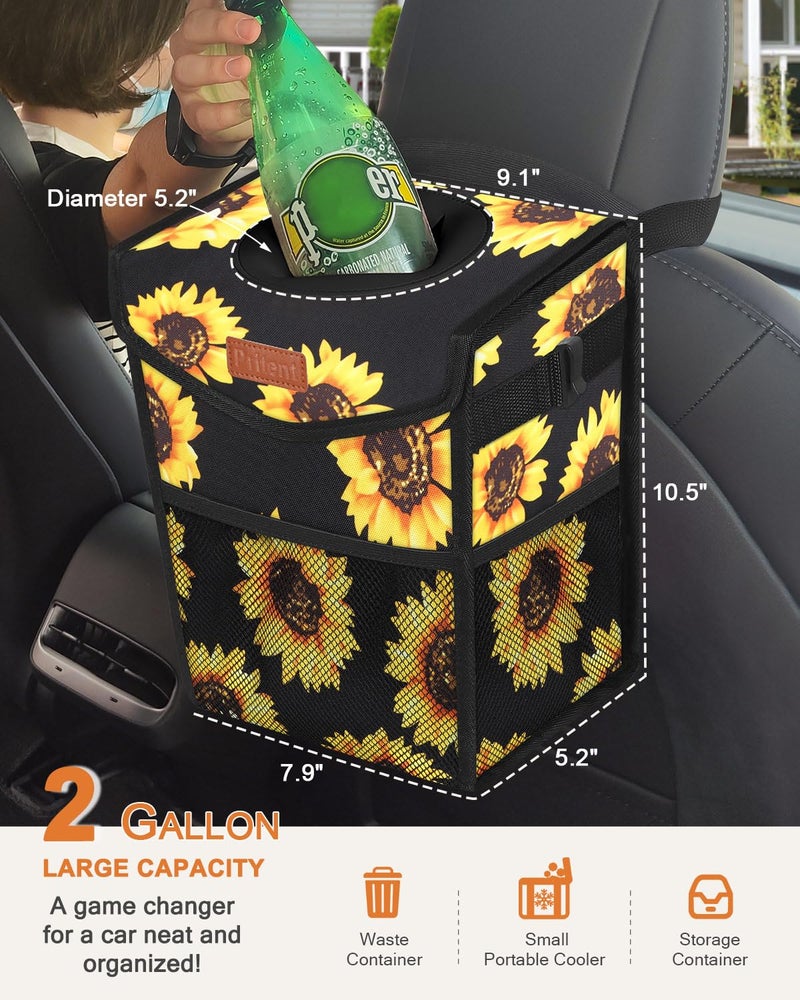 Pritent Car Trash Can with Lid, Cute Leakproof Car Trash Garbage Bag Hanging Vehicle Trash Bin Small Portable Automotive Garbage Cans Organizer for Back/Front Seat(Trapezoid,Black Sunflower - Image 2