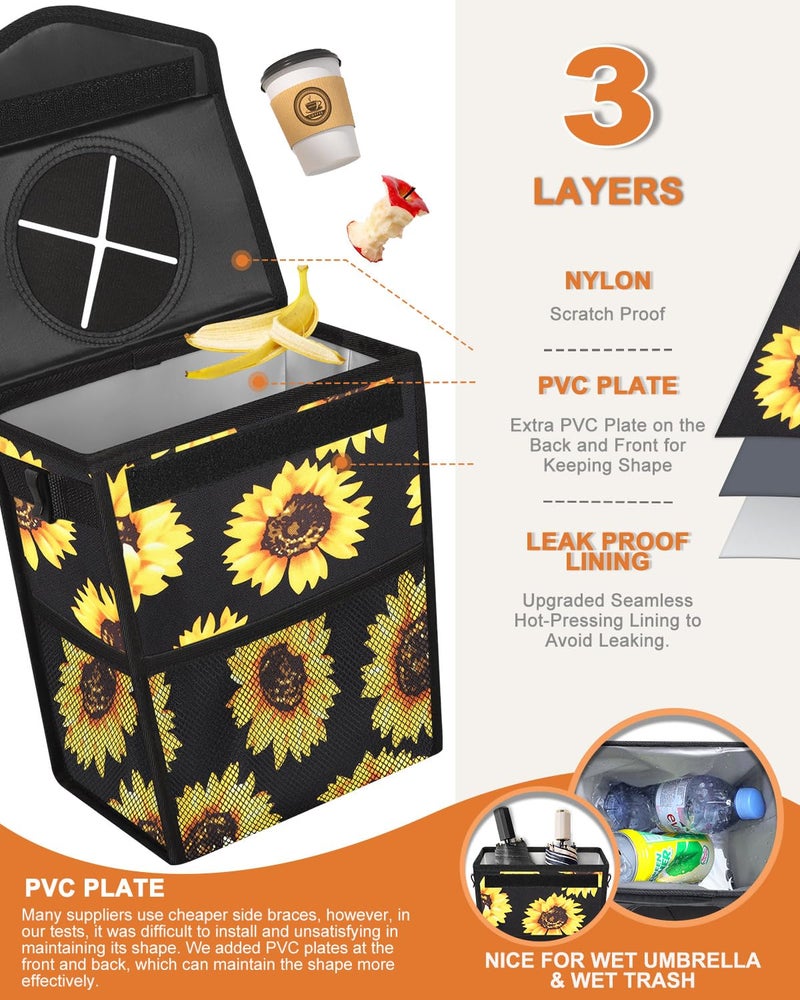 Pritent Car Trash Can with Lid, Cute Leakproof Car Trash Garbage Bag Hanging Vehicle Trash Bin Small Portable Automotive Garbage Cans Organizer for Back/Front Seat(Trapezoid,Black Sunflower - Image 3