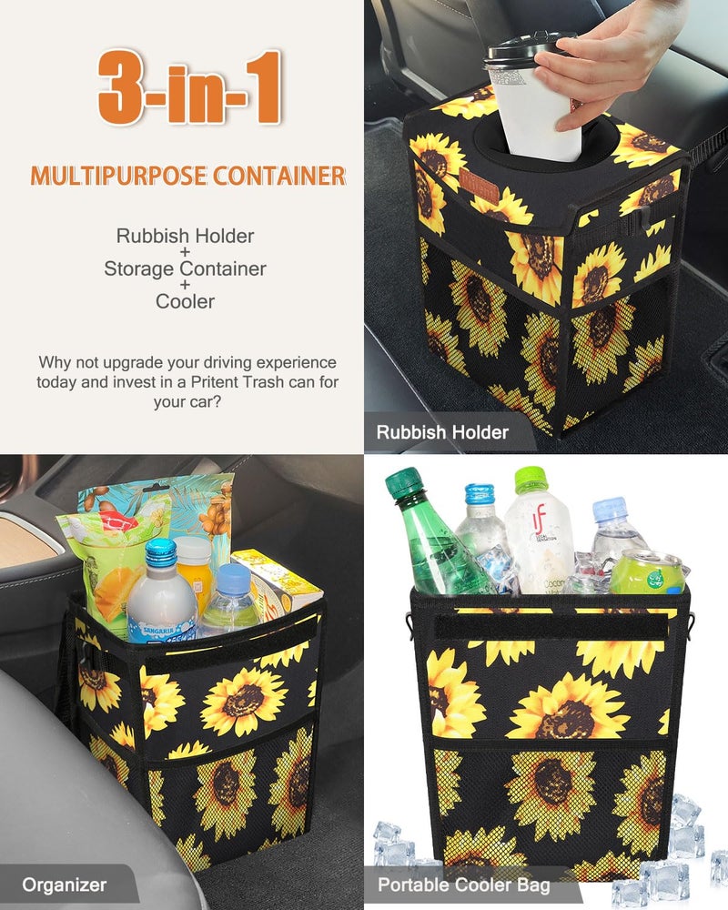 Pritent Car Trash Can with Lid, Cute Leakproof Car Trash Garbage Bag Hanging Vehicle Trash Bin Small Portable Automotive Garbage Cans Organizer for Back/Front Seat(Trapezoid,Black Sunflower - Image 5
