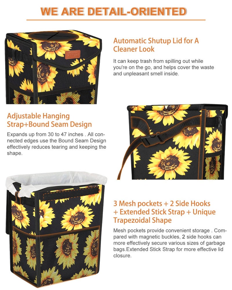 Pritent Car Trash Can with Lid, Cute Leakproof Car Trash Garbage Bag Hanging Vehicle Trash Bin Small Portable Automotive Garbage Cans Organizer for Back/Front Seat(Trapezoid,Black Sunflower - Image 4