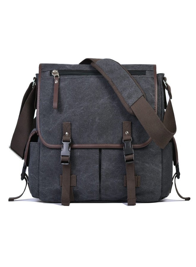 CROCOD Vintage Canvas 15.6 inch Laptop Messenger Bag for Men Women, College Computer Satchel Shoulder Bag Travel Work Office Briefcases (Black) - Image 1