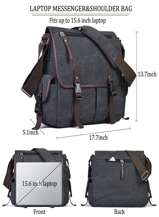 CROCOD Vintage Canvas 15.6 inch Laptop Messenger Bag for Men Women, College Computer Satchel Shoulder Bag Travel Work Office Briefcases (Black) - Image 2