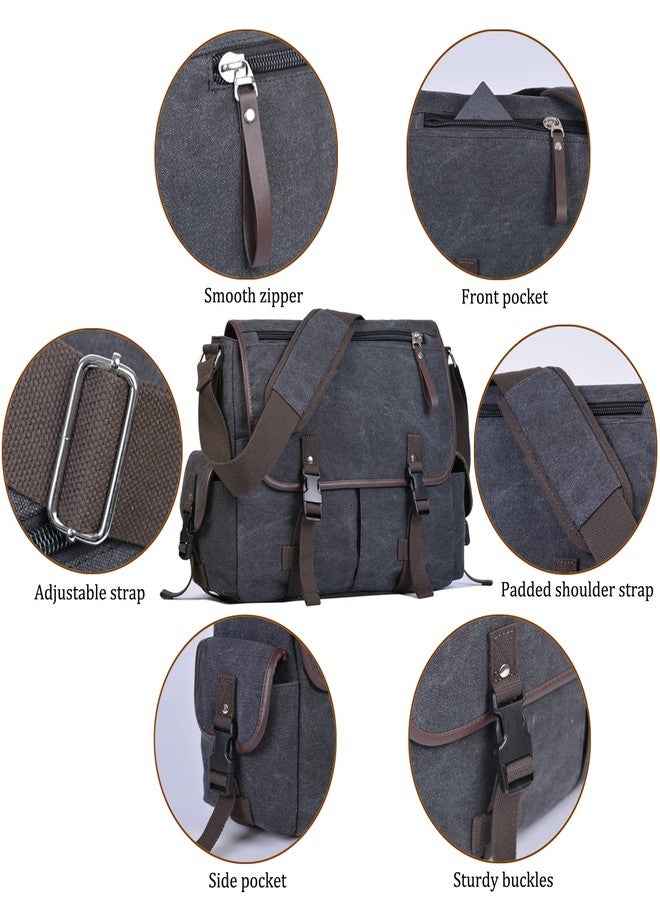 CROCOD Vintage Canvas 15.6 inch Laptop Messenger Bag for Men Women, College Computer Satchel Shoulder Bag Travel Work Office Briefcases (Black) - Image 5