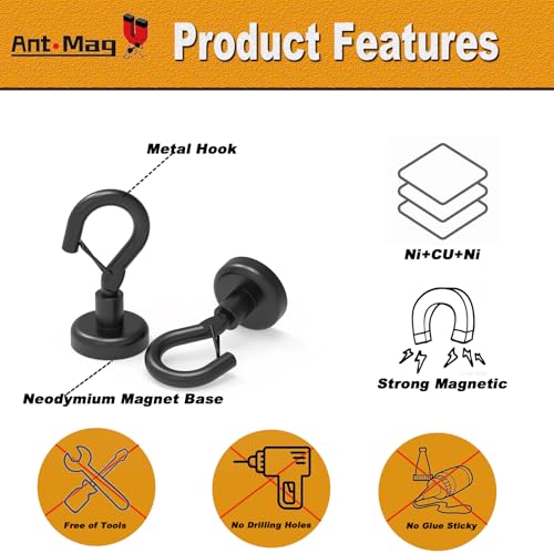 Ant Mag Black Magnetic Hooks Heavy Duty with Snap 22lbs Strong Magnet Hooks Great Hanging for Refrigerator, Cruise Cabin, Grill, Wreath,Kitchen,Office 8 Pack - Image 4