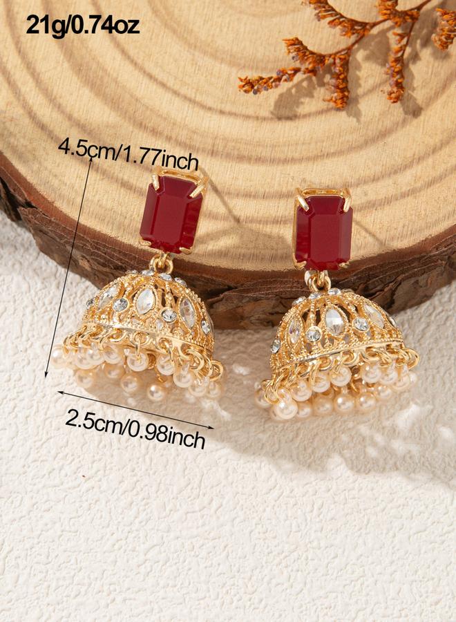 Take Two Gold Tone Jhumka Earrings with Ruby Accent - Image 2