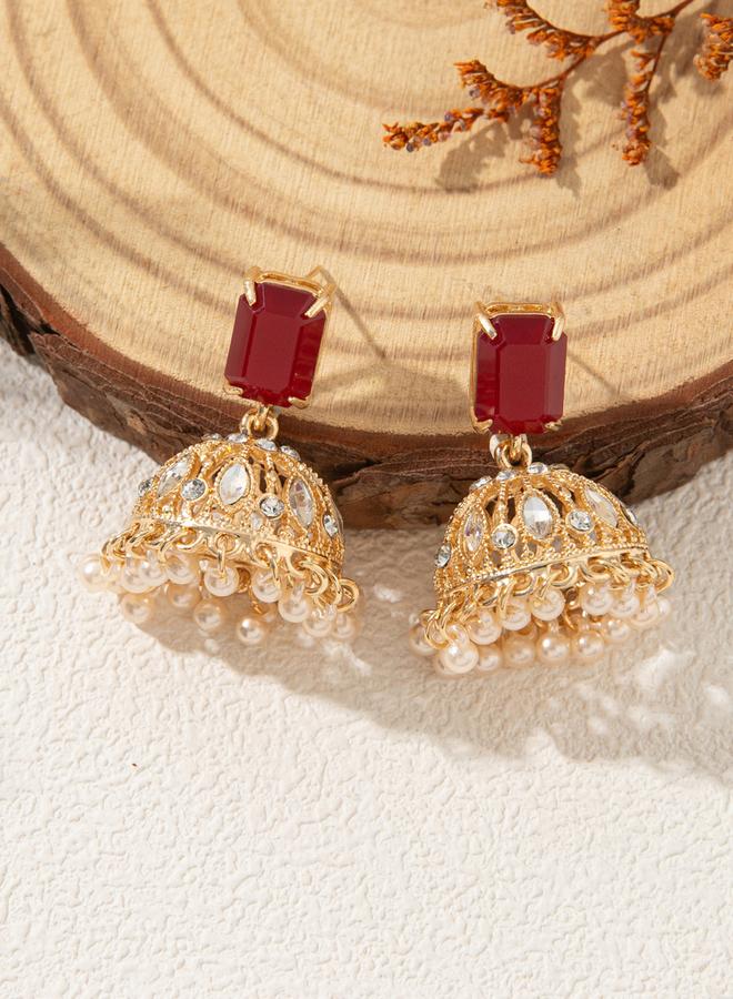 Take Two Gold Tone Jhumka Earrings with Ruby Accent - Image 1