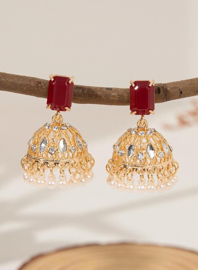 Take Two Gold Tone Jhumka Earrings with Ruby Accent - Image 3