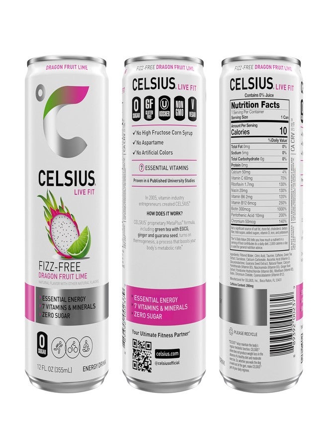 CELSIUS Fizz Free Dragon Fruit Lime, Sugar Free Energy Drink, 12 Fl Oz (Pack of 12) - Image 2