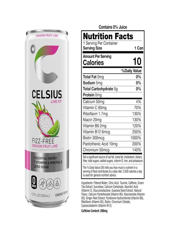 CELSIUS Fizz Free Dragon Fruit Lime, Sugar Free Energy Drink, 12 Fl Oz (Pack of 12) - Image 3